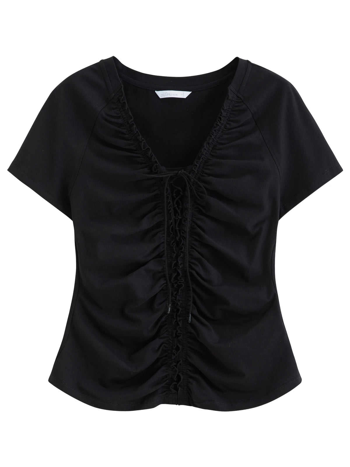 DUSHU Layered Wooden Collar T-Shirt with Pleated Straps and Waist-Defining Detail 2026 Summer New Arrival Style for Slimming Fit