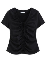 DUSHU Layered Wooden Collar T-Shirt with Pleated Straps and Waist-Defining Detail 2026 Summer New Arrival Style for Slimming Fit