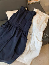 Loose Casual Women's Dr Summer 2026 New Korean Sle Dstring Waistl Svel Vest Skirt A-Line Midi round Ne