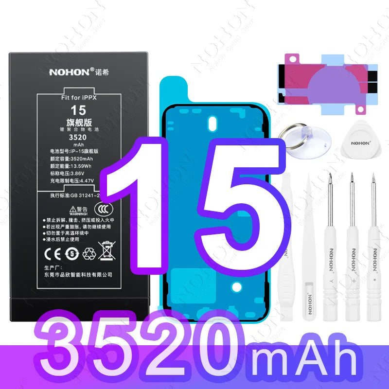 NOHON High Capacity Battery for iPhone 12 Pro Max 13 Mini 14 Plus 15 16 0 Cycle Replacement Li-ion Polymer Bateria with Tools