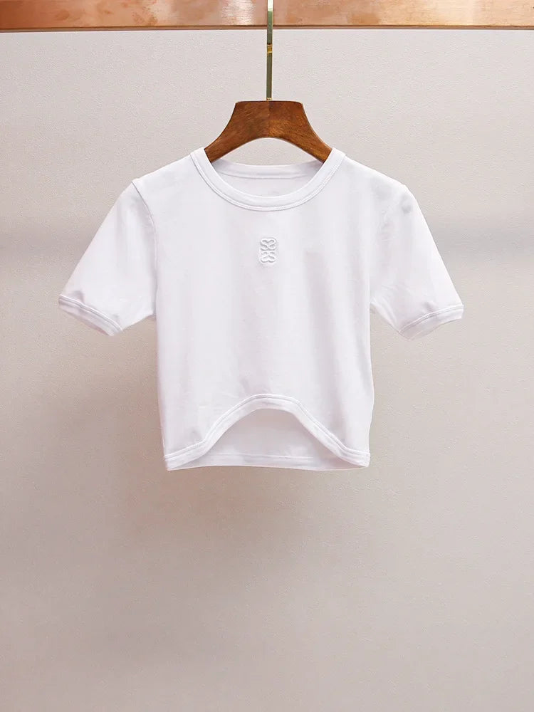 Women's Embroidered O-Neck Casual Tee Solid Color Short Knitted T-Shirt Summer Tops