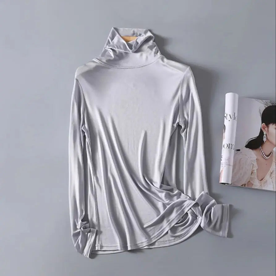 Women's Silk Turtleneck Basic Tees Tops Female Elastic Silk Shirt TB1158