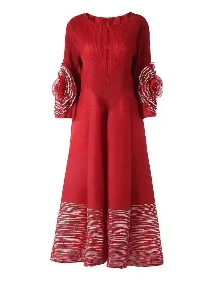 LANMREM Women's High-end Fashion Dress With Flower Ruffles Sleeves Round Neck Loose Big Size Long Dresses 2025 New 2DB1142