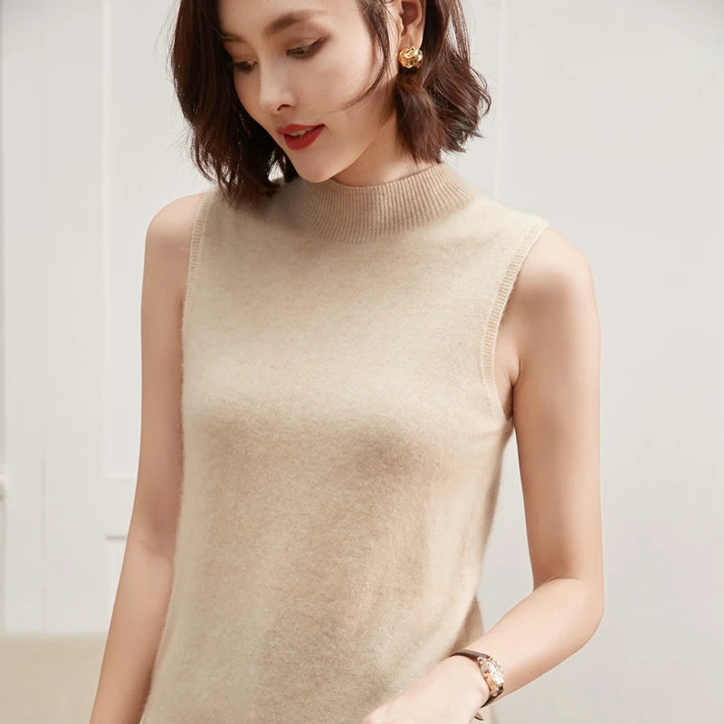 Women Cashmere T-shirt Half High Collar Short Sleeve Pullover Sweater For Spring Summer 100% Cashmere Knitwear Female T-shirt