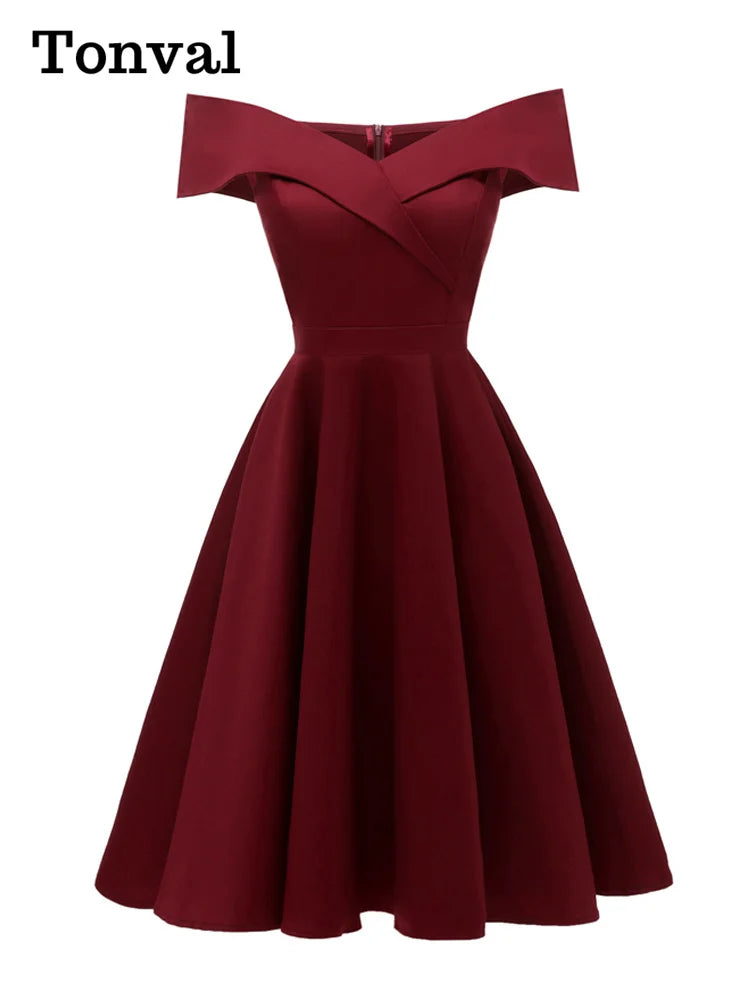 Tonval Vintage Off the Shoulder Party Sexy Evening Birthday Dresses Prom Elegant Women Fit and Flare Cotton Dress