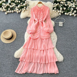 Spliced Lace Dresses Lantern Sleeve Ankle Length Dress Women Solid Party Dress Sexy Wrap Buttocks 2025 Autumn High Waist