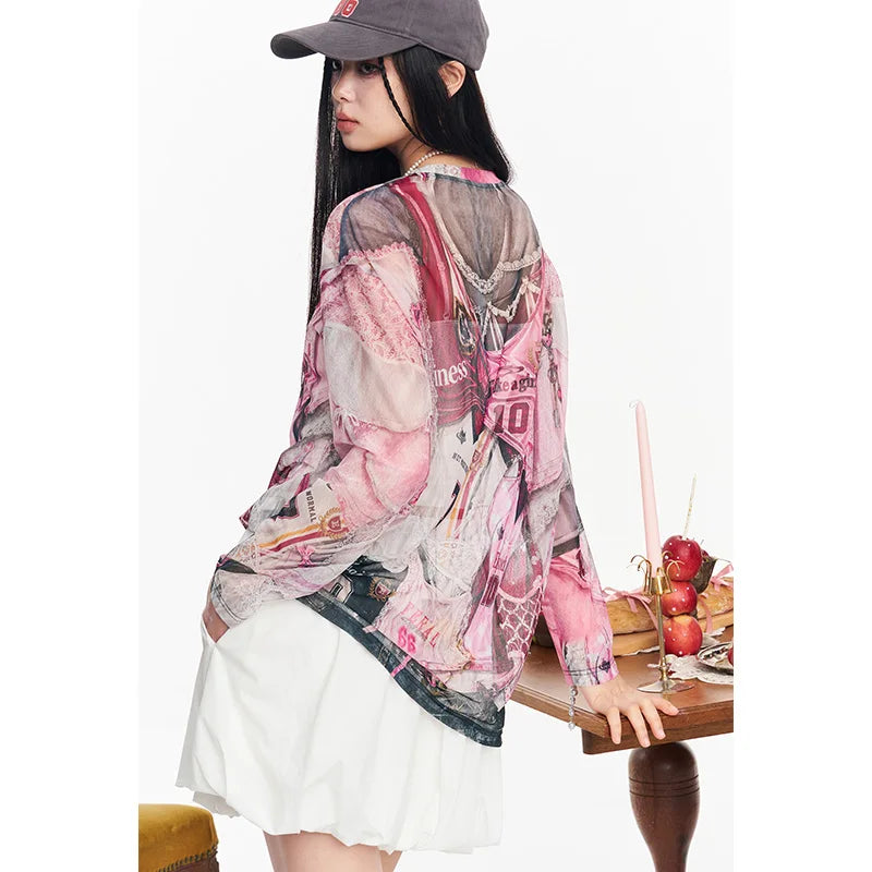 ELFSACK Mesh Long Sleeve T-shirt, Retro Jersey Print See-through Top, Cute Cat Patchwork Slim Tee for Women