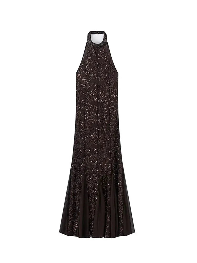 Nlzgmsj 2026 Spring Sexy sequin decoration Long Dresses for Women Backless Hanging neck collar Dress Elegant Evening Party Dress