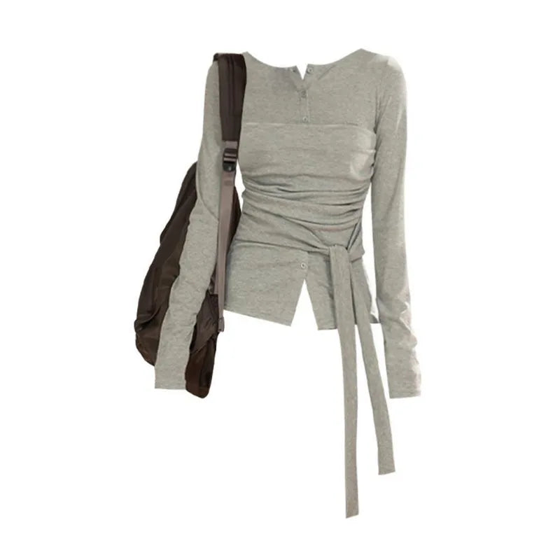 New in Korean Style Long Sleeve Tops Female Irregular Asymmetric Lace Up T-Shirt Slim Fit Pleated Shirt Spring Autumn Season