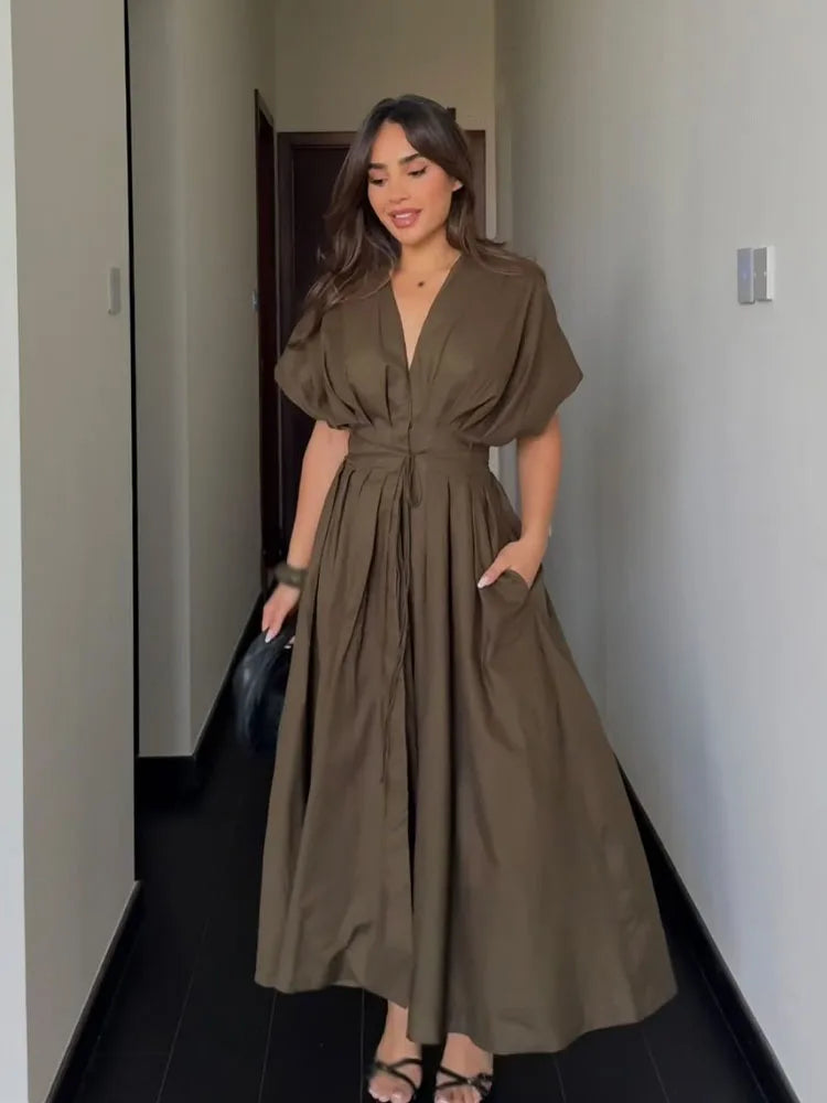 HH Female Summer Elegant Long Dress Solid V-Neck Short Sleeve Bow Lace-Up Single-Breasted Women's Fashion Casual Dress