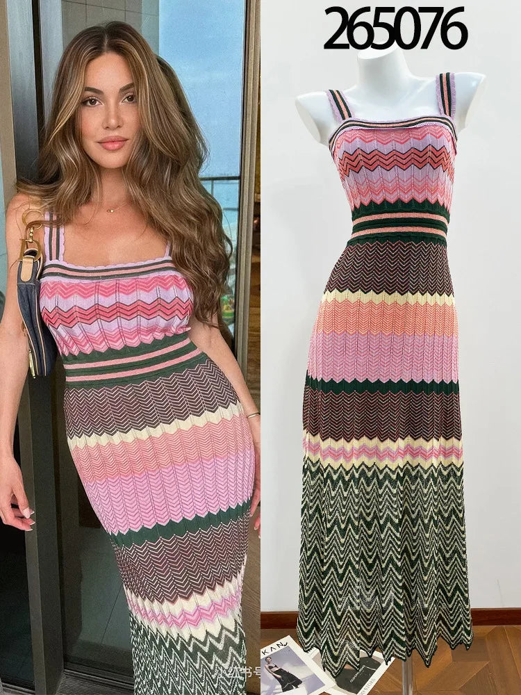 CHUJIE 2026 Summer Collection – French Vacation Style, Colorful Wave Knit Multi-Color Striped Slim-Fit Knit Camisole Dress