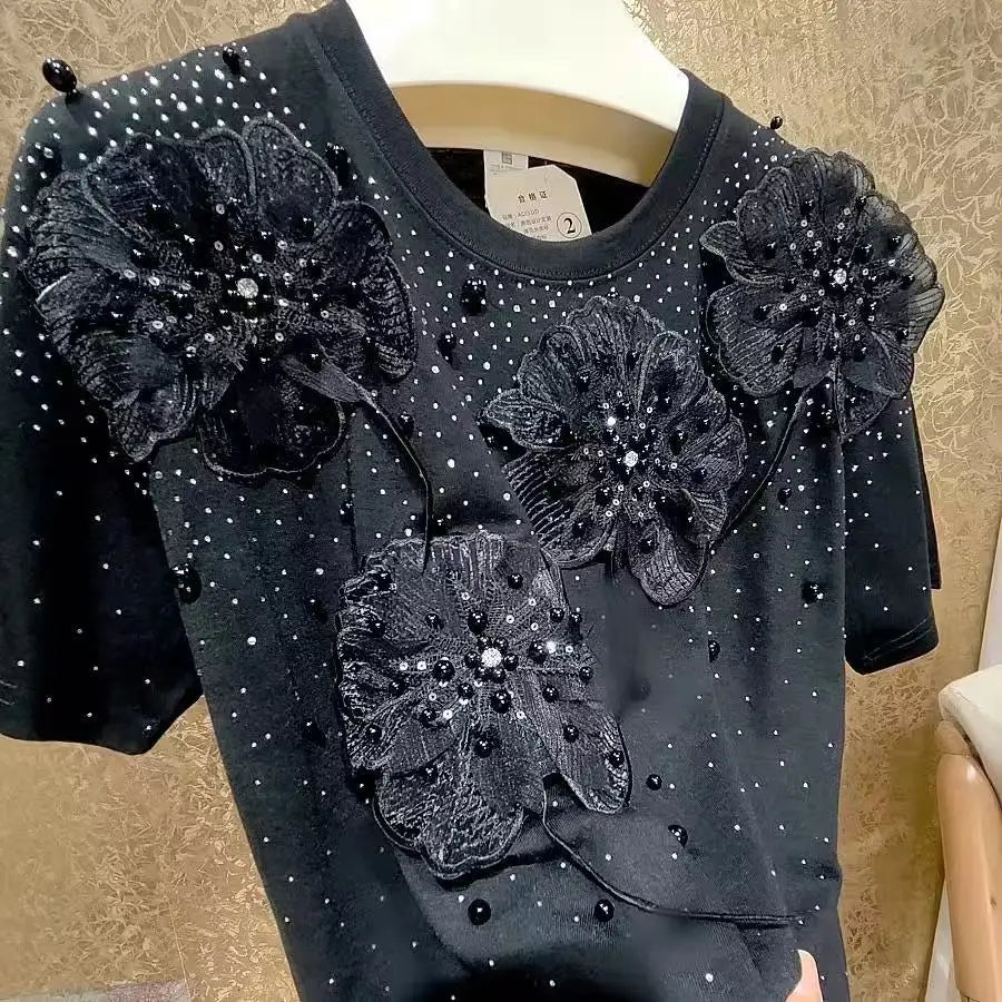 Luxury Beading Flowers Sequined Cotton T-shirt for Women New Trend 2025 Summer O Neck Short Sleeve Black Tops Tees T Shirt Femme