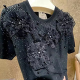 Luxury Beading Flowers Sequined Cotton T-shirt for Women New Trend 2025 Summer O Neck Short Sleeve Black Tops Tees T Shirt Femme