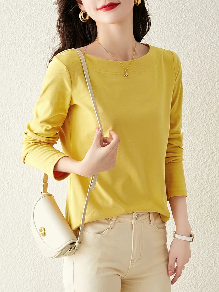SENTUBILA Women's Cotton T-shirts 2026 Spring Autumn Simlple Long Sleeve Top Solid Basic Tee Shirts Female Pullovers 143T57728X