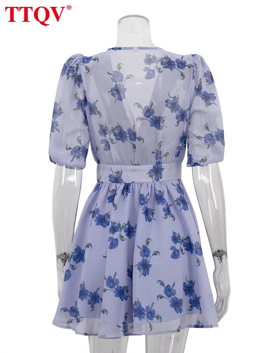 TTQV Fashion Loose Print Women Dress 2025 Sexy Deep V-Neck Short Sleeve Mini Dresses Elegant Classic High Waist Female Dress