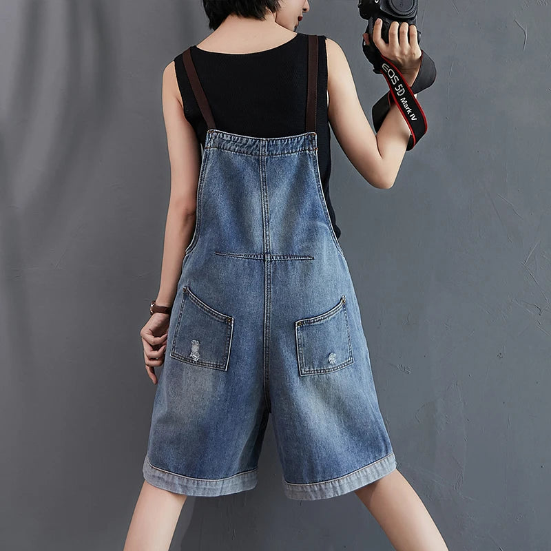 Anti-Aging High Waist Denim Overalls Women's Korean Sle Summer New Slimming Strap Jumpsuit Wide Leg orts Trendy