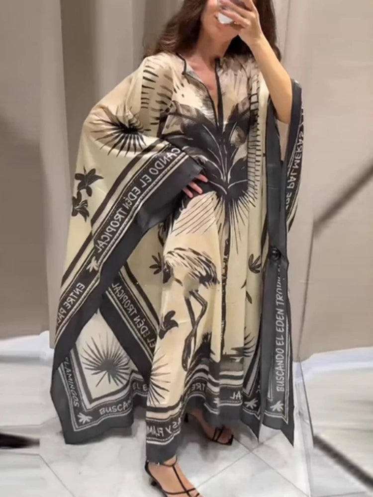 2025 Summer Fashion Series New Women's Loose Print Bohemian Retro V-neck Temperament Beach Sunscreen Skirt