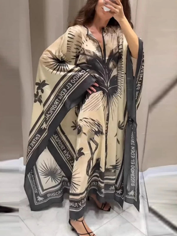 2025 Summer Fashion Series New Women's Loose Print Bohemian Retro V-neck Temperament Beach Sunscreen Skirt