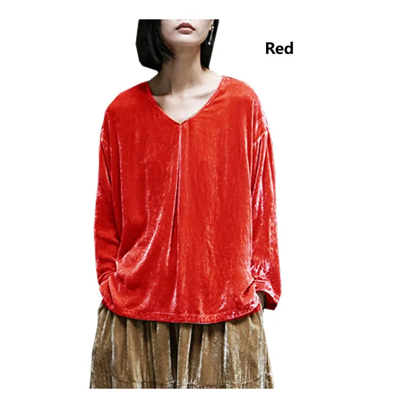 Original Design Spring Autumn Women's Mulberry Silk Velvet V-neck Pullover Loose Large Size Pleated Shirt Smooth Glossy Clothes
