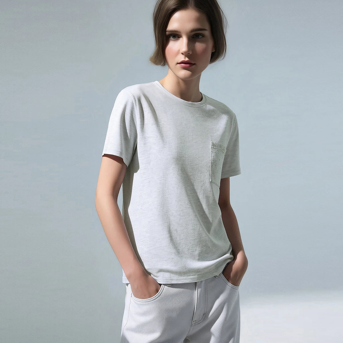 Amii Women's T-Shirt 2026 Summer New O-Neck Cotton Short Sleeve Rhinestone Studded Pocket Tee Loose Simple Casual Top 12612039