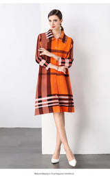 Autumn 2024 Arrival Miyake Fashionable Pleated Dress with Printed Stripes Chic Loose Collar Button Placket Color Locked Design