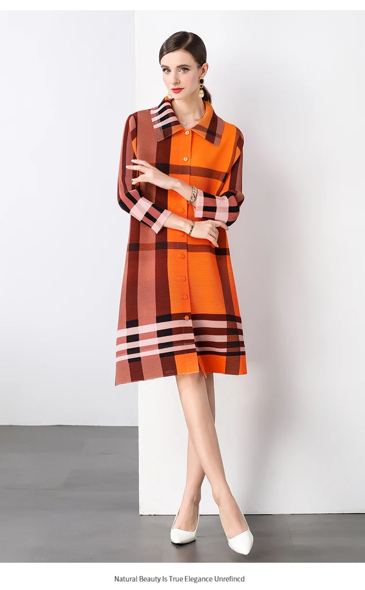 Autumn 2024 Arrival Miyake Fashionable Pleated Dress with Printed Stripes Chic Loose Collar Button Placket Color Locked Design