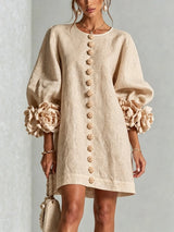 Women Linen Mini Dress O Neck Puff Long Sleeve 3D Flower Cuff Decor Flower Button Loose Casual Short Dresses for Party Vacation