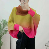 LANMREM Gradient Pleated T-shirt For Women Lapel Long Sleeves Batwing Loose Style Female Fashion Top 2023 Autumn New 2DA1981
