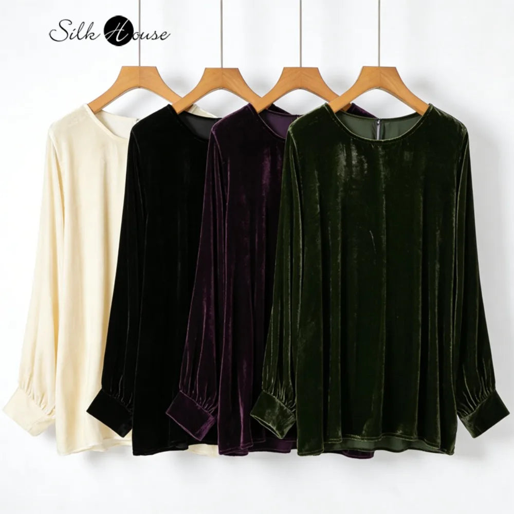 2026 Women's Fashion Spring New Clothing 30% Natural Mulberry Silk Velvet Round Neck Long Sleeve Solid Color Versatile T-shirt