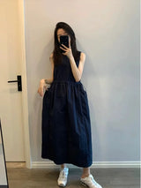 Loose Casual Women's Dr Summer 2026 New Korean Sle Dstring Waistl Svel Vest Skirt A-Line Midi round Ne