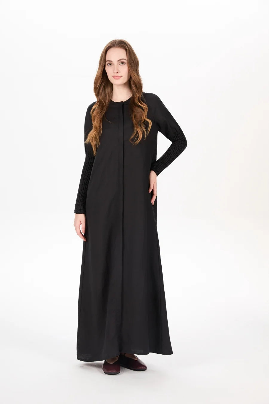 AS AW25 linen smocking sleeve dress high quality linen lady clothes hidden button down design