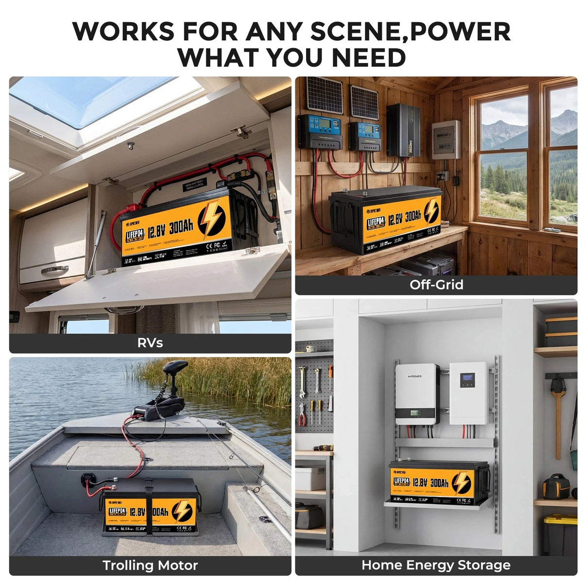 RVPOZWER 12.8V 300Ah LiFePO4 Lithium Battery 3840Wh Smart Built-in BMS Rechargeable Storage Battery 15000+ Deep Cycles Portable Iron Phosphate Battery for Off-Grid Solar System RV Camper Trailer Marine Boat Trolling Motor Household Emergency Backup Power