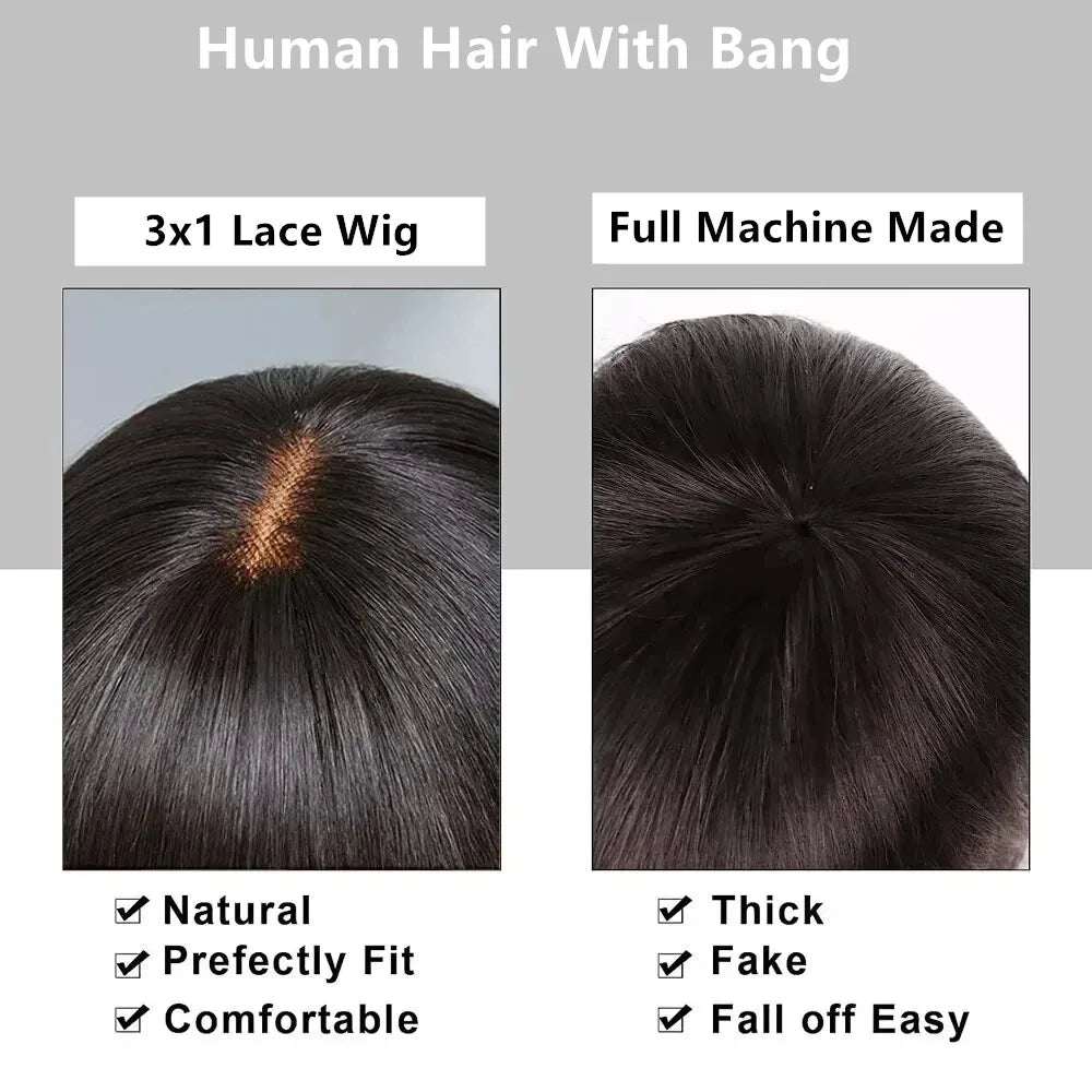 Glueless Wig With Bangs Human Hair 3x1 HD Lace Straight Human Hair Wigs