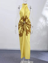2026 Summer Printed Halter Maxi Dress Women Sleeveless Pleated Chic Satin Long Dresses Fashion Vacation Beach Party Lady Robe