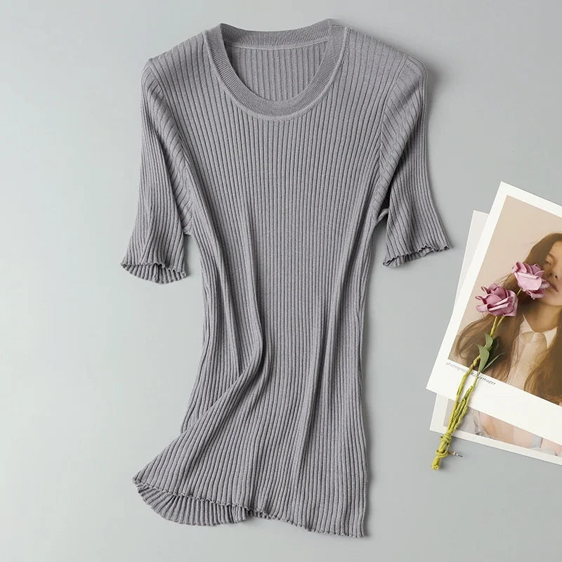 Birdtree, 70% Spun Silk 30% Cotton T Shirt, O-neck Solid Soft Tops, Women's Short Sleeve Bottoming Shirt, 2026 New T61035JF