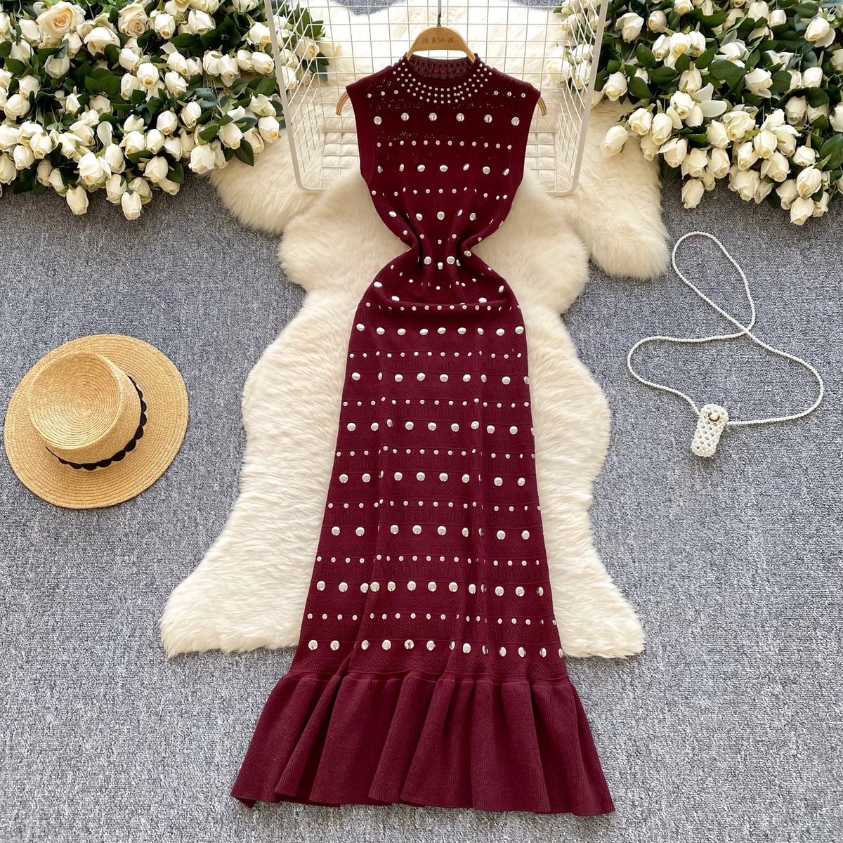 Diamonds Vestidos Spring Summer Dress V-neck Sleeveless Dresses High Waist Fishtail Knit Vestido 2026 New O-neck Ropa Mujer