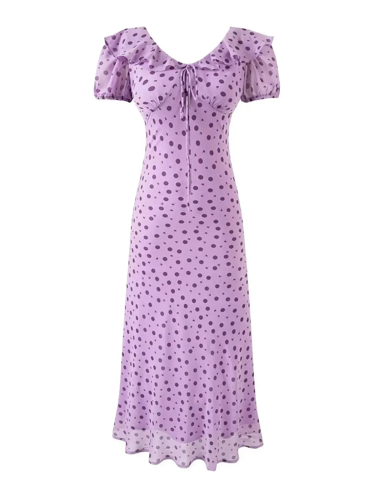 Chu Sau beauty Women New Fashion Sweet Polka Dot Print Chic Ruffles Midi Dress French V-Neck Puff Sleeve Vintage Party Dresses