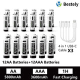 AA AAA Battery 1.5V 5800mAh and 3600mAh Lithium Rechargeable Batteries Fast Charging Li-ion Battery 2000 Cycles Type-C Cable
