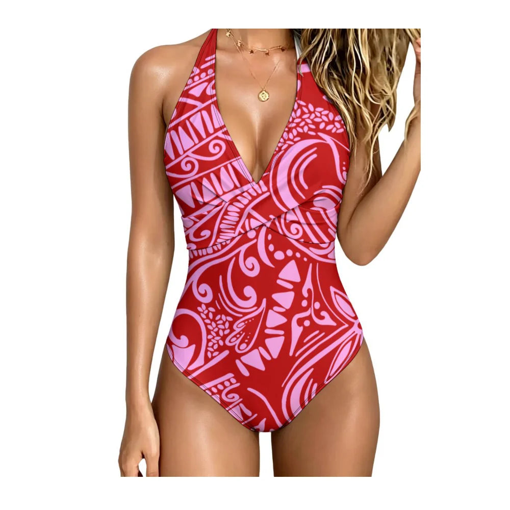 Polynesian Lady Custom Tribal Design Floral Print Beachside And Seaside Wrap-Around Swimsuit With Neck Coverage Sexy Bikini