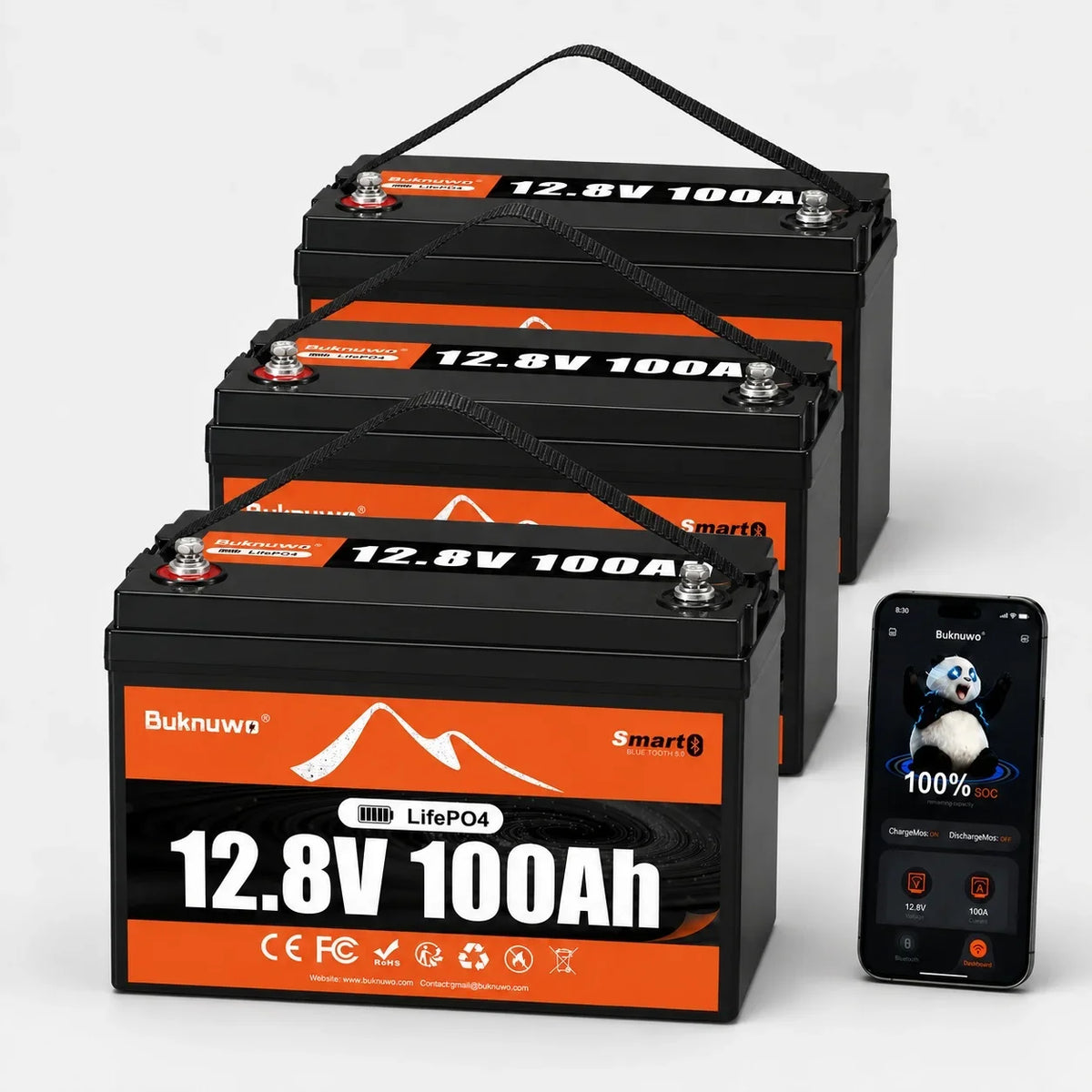 BUKNUWO 12V 100Ah Bluetooth LiFePO4 Lithium Battery, Smart 1280Wh Grade A Cells Battery For RV Boat Solar System