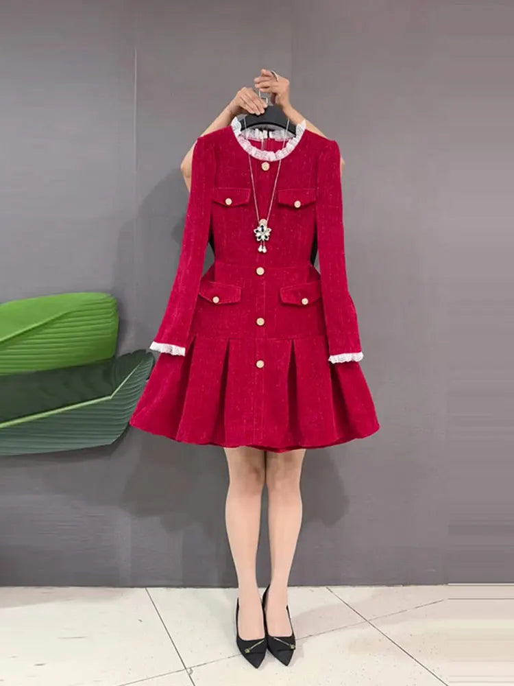 plus Size Color Block Collar Long Sleeve Waist Cinched Little Black Dress Red Elegant Ladylike Dress Commute Style A-Line Skirt