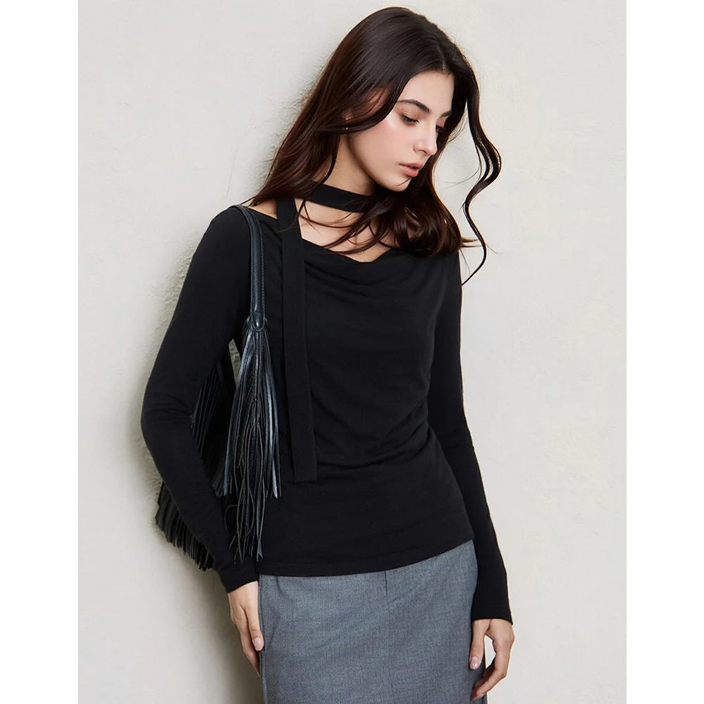 SuyaDream Women T Shirt, Wool Cotton Blend, Dropped Collar, Elegant Ribbon Tee, 2026 Fall Spring Solid Chic Top