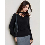 SuyaDream Women T Shirt, Wool Cotton Blend, Dropped Collar, Elegant Ribbon Tee, 2026 Fall Spring Solid Chic Top