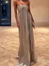 Women Solid Strapless Maxi Dress Sexy Sleeveless Off-shoulder Backless Loose Pleated Long Gowns 2025 Lady Evening Party Dresses