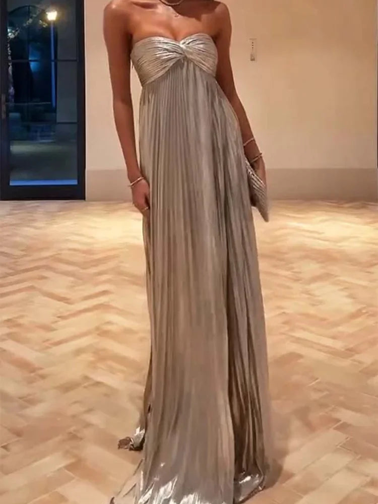 Women Solid Strapless Maxi Dress Sexy Sleeveless Off-shoulder Backless Loose Pleated Long Gowns 2025 Lady Evening Party Dresses