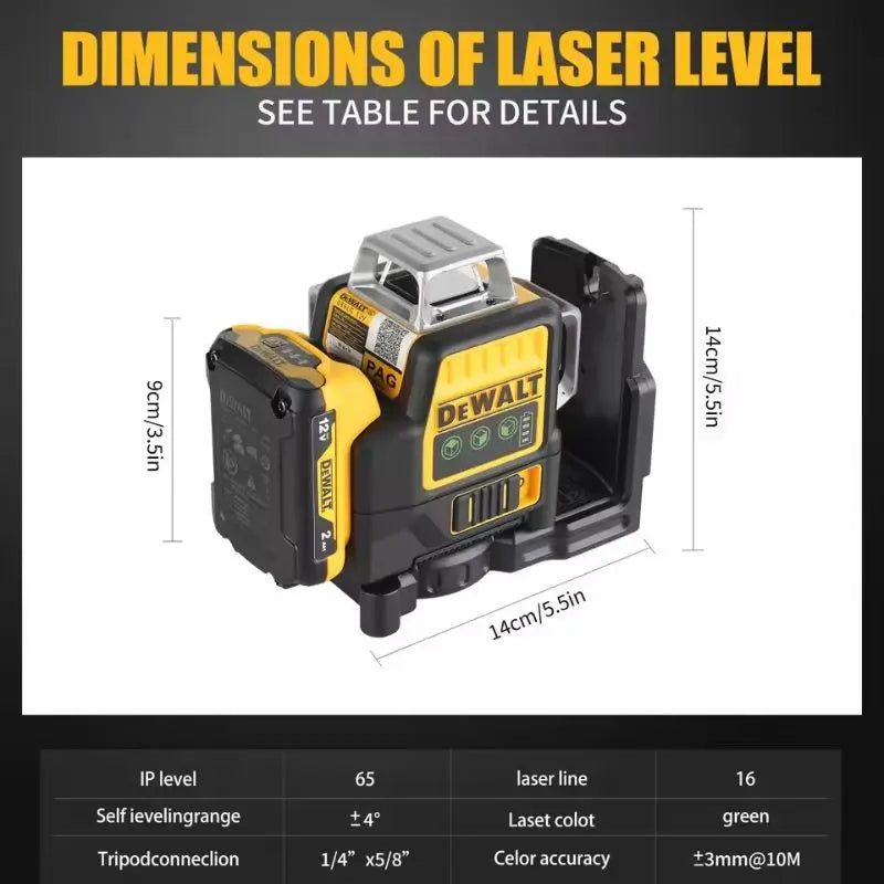 DEWALT DW089LG 3 Sides*360 Degree Vertical 12 Lines Laser Level Horizontal Green Light Level Meter Outdoor