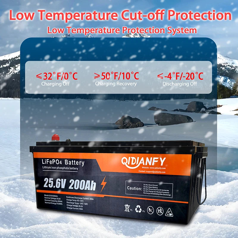 Qidianfy 24V 200Ah LiFePO4 Battery with 200A BMS Rechargeable Lithium Iron Phosphate Battery for RV Marine Solar System Camping