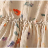 Women's Fresh Style Dress Flower Print Elastic Waist Half Sleeve V-neck Linen Dress Female Beach Holiday A-line Vintage Frocks