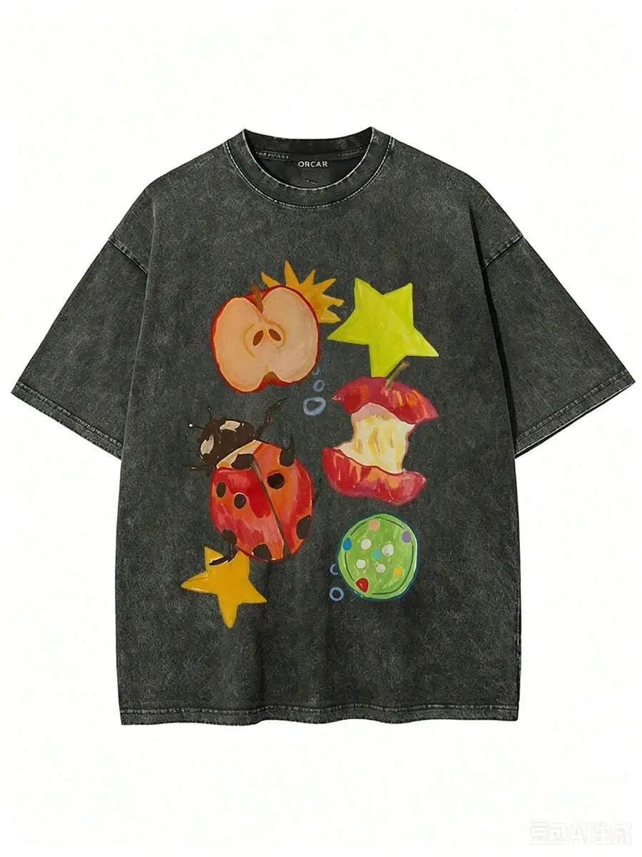 100% Cotton, Apple-Gnawing Bug Printed T-Shirt, Suitable For Casual Attire, Easy To Wear In Summer, Comfortable Short-Sleeved Outdoor Holiday Sports