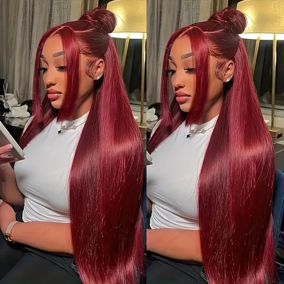 26 36 Inch 99J Colored 13x6 Lace Front Human Hair Wig Straight Burgundy 13x4 HD Transparent Lace Frontal Wigs Red Wigs For Women